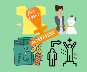 woem altering a dress, scissors, The great alteration stamp, hsuccessful change
