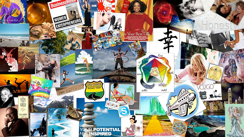 Vision board with pictures of career goals and life